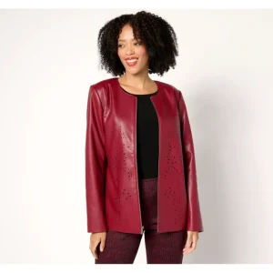 Susan Graver Regular Faux Leather Jacket with Laser Cut Detail - a world of fashionable women's clothing, including a wide selection of dresses and trendy accessories.> Coats