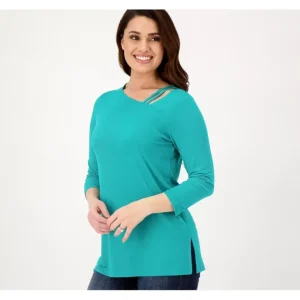 Susan Graver Regular Liquid Knit Asymmetric 3/4 Sleeve Tunic - a world of fashionable women's clothing, including a wide selection of dresses and trendy accessories.> Hat