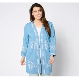 Susan Graver Regular Open Front Chambray Jacket with Lace Applique - a world of fashionable women's clothing, including a wide selection of dresses and trendy accessories.> Dresses