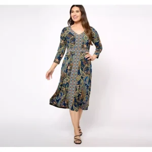 Dresses<Susan Graver Regular Printed Liquid Knit 3/4 Sleeve V-Neck Dress - a world of fashionable women's clothing, including a wide selection of dresses and trendy accessories.