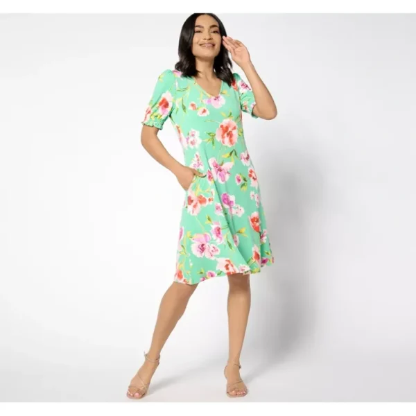 Susan Graver Regular Printed Liquid Knit Elbow Sleeve V-Neck Dress - a world of fashionable women's clothing, including a wide selection of dresses and trendy accessories.> Hat