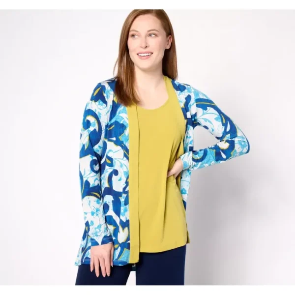 Shop All<Susan Graver Regular Printed Liquid Knit Hi-Low Cardigan Tank - a world of fashionable women's clothing, including a wide selection of dresses and trendy accessories.