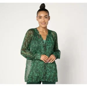 Susan Graver Regular Printed Woven Blouse With Lurex Knit Cami - a world of fashionable women's clothing, including a wide selection of dresses and trendy accessories.> Hat