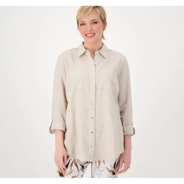 Susan Graver Regular Pure Linen Blend Button Front Shirt - a world of fashionable women's clothing, including a wide selection of dresses and trendy accessories.> Hat