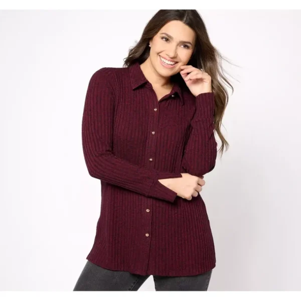 Susan Graver Regular Ribbed Sweater Knit Button-Front Tunic Shacket - a world of fashionable women's clothing, including a wide selection of dresses and trendy accessories.> Hat