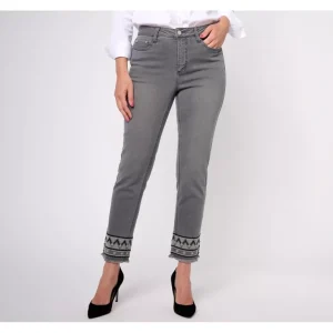 Susan Graver Regular Straight Leg Jean with Embroidered Hem - a world of fashionable women's clothing, including a wide selection of dresses and trendy accessories.> Hat