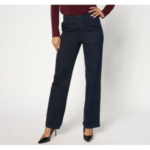 Susan Graver Regular Stretch Denim Wide Leg Trouser Jean - Deep Indgo/Dark - a world of fashionable women's clothing, including a wide selection of dresses and trendy accessories.> Hat