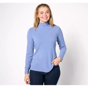 Fashion<Susan Graver Rib Knit Mock Neck Long Sleeve Top with Button Detail - a world of fashionable women's clothing, including a wide selection of dresses and trendy accessories.