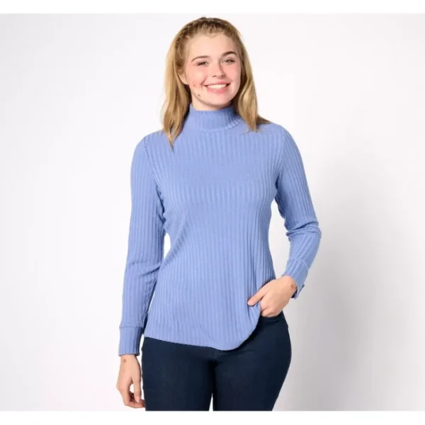 Fashion<Susan Graver Rib Knit Mock Neck Long Sleeve Top with Button Detail - a world of fashionable women's clothing, including a wide selection of dresses and trendy accessories.