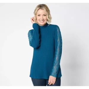 Susan Graver Rib Knit Mock Neck Top with Lace Detail - a world of fashionable women's clothing, including a wide selection of dresses and trendy accessories.> Hat