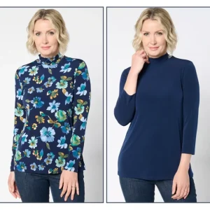 Susan Graver Set of 2 Print Solid Liquid Knit Mock Neck Tops - a world of fashionable women's clothing, including a wide selection of dresses and trendy accessories.> Hat