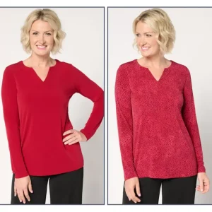 Susan Graver Set of 2 Print Solid Liquid Knit Split-Neck Top - a world of fashionable women's clothing, including a wide selection of dresses and trendy accessories.> Hat