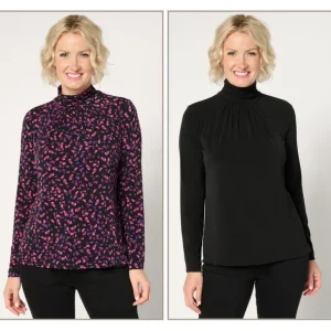Susan Graver Set of Two Liquid Knit Mock-Neck Tops - a world of fashionable women's clothing, including a wide selection of dresses and trendy accessories.> Hat