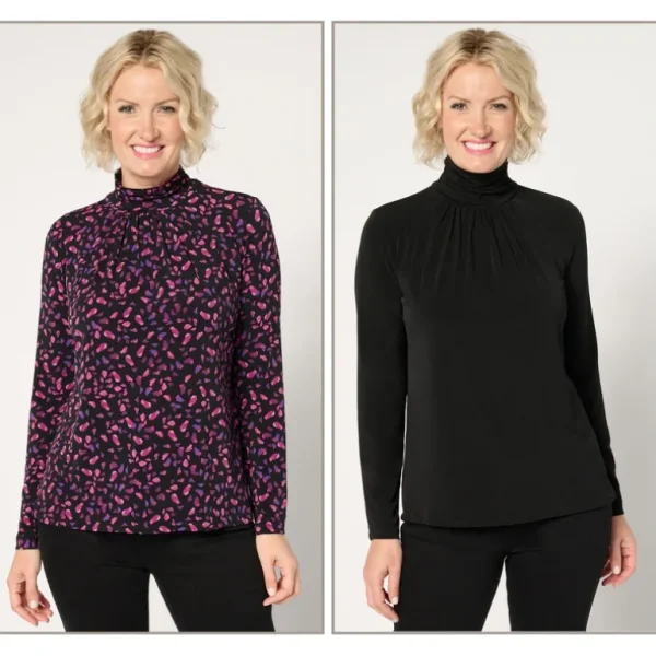 Susan Graver Set of Two Liquid Knit Mock-Neck Tops - a world of fashionable women's clothing, including a wide selection of dresses and trendy accessories.> Hat
