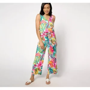 Susan Graver Soleil Regular Printed Tie Waist Jumpsuit - a world of fashionable women's clothing, including a wide selection of dresses and trendy accessories.> Hat