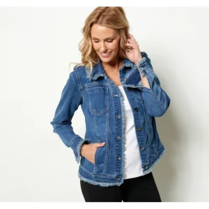 Susan Graver Stretch Denim Button-Front Frayed Jean Jacket - a world of fashionable women's clothing, including a wide selection of dresses and trendy accessories.> Hat