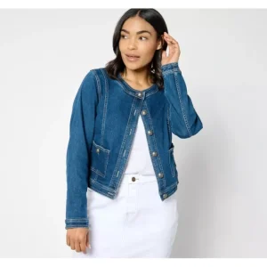 Fashion<Susan Graver Stretch Denim Collarless Jacket w/ Pkts - a world of fashionable women's clothing, including a wide selection of dresses and trendy accessories.