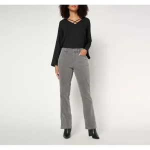 Susan Graver Stretch Denim Regular Classic Boot Cut Jean - Black/Grey - a world of fashionable women's clothing, including a wide selection of dresses and trendy accessories.> Hat