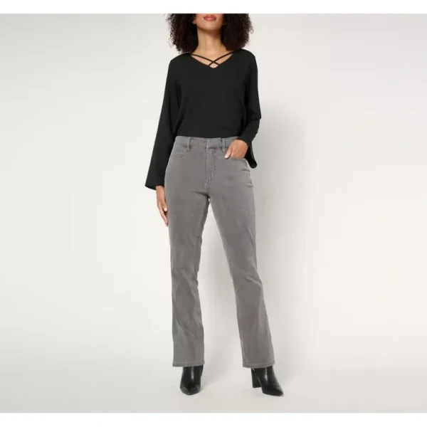 Susan Graver Stretch Denim Regular Classic Boot Cut Jean - Black/Grey - a world of fashionable women's clothing, including a wide selection of dresses and trendy accessories.> Hat