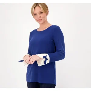 Susan Graver Textured Liquid Knit Scoop Knit Top w/Woven Cuff Detail - a world of fashionable women's clothing, including a wide selection of dresses and trendy accessories.> Hat