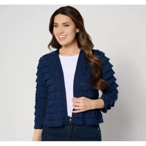 Susan Graver Tiered Ruffle Knit 3/4 Sleeve Shrug - a world of fashionable women's clothing, including a wide selection of dresses and trendy accessories.> Dresses