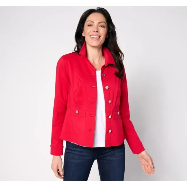 Susan Graver Uptown Stretch Button Front Peplum Jacket - a world of fashionable women's clothing, including a wide selection of dresses and trendy accessories.> Hat