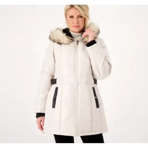 Susan Graver Water-Resistant Puffer Coat with Faux Leather Detail - a world of fashionable women's clothing, including a wide selection of dresses and trendy accessories.> Coats