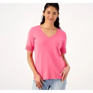 Susan Graver Weekend Cotton Modal Elbow Sleeve Top w/ Trim - a world of fashionable women's clothing, including a wide selection of dresses and trendy accessories.> Hat