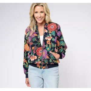 Susan Graver Weekend Printed Manhattan Twill Zip-Front Bomber Jacket - a world of fashionable women's clothing, including a wide selection of dresses and trendy accessories.> Hat