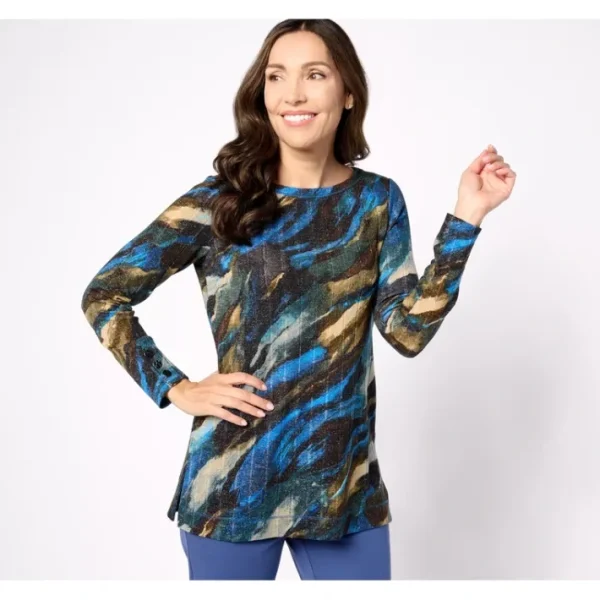 Shop All<Susan Graver Weekend Reg Metallic Knit Button Detailed Tunic - a world of fashionable women's clothing, including a wide selection of dresses and trendy accessories.