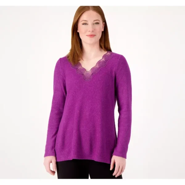 Susan Graver Weekend Textured Knit A-Line Top with Lace Detail - a world of fashionable women's clothing, including a wide selection of dresses and trendy accessories.> Hat