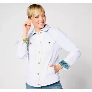 Fashion<Susan Graver White Denim Jacket with Printed Lining - a world of fashionable women's clothing, including a wide selection of dresses and trendy accessories.