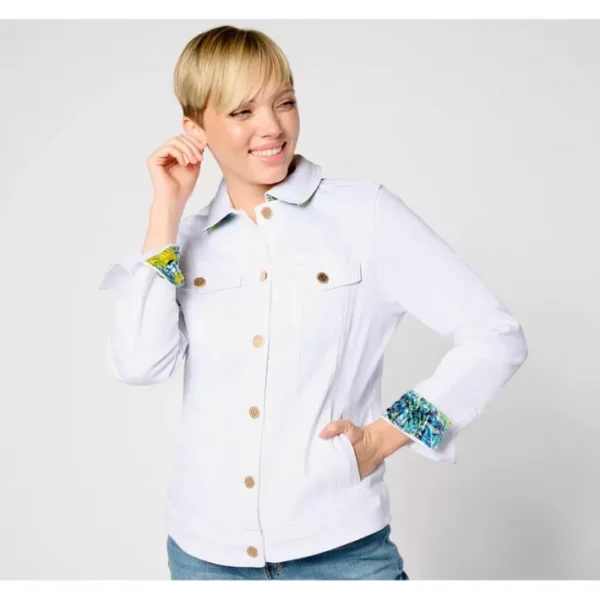 Fashion<Susan Graver White Denim Jacket with Printed Lining - a world of fashionable women's clothing, including a wide selection of dresses and trendy accessories.