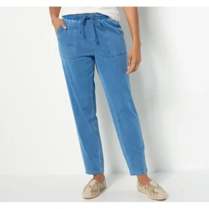 Fashion<Tall Comfy Knit Air Denim Tapered Leg Pant w/ Pockets - a world of fashionable women's clothing, including a wide selection of dresses and trendy accessories.
