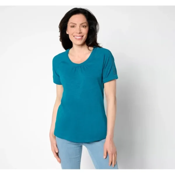 Fashion<Texture Knit Round Neck Short Sleeve Lace Detail Top - a world of fashionable women's clothing, including a wide selection of dresses and trendy accessories.