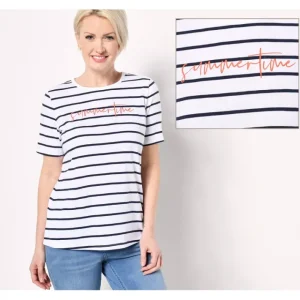 Fashion<Textured Knit Summer Sayings Short-Sleeve Striped Top - a world of fashionable women's clothing, including a wide selection of dresses and trendy accessories.