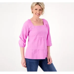 Fashion<Tiered Top with Elastic Neckline - a world of fashionable women's clothing, including a wide selection of dresses and trendy accessories.