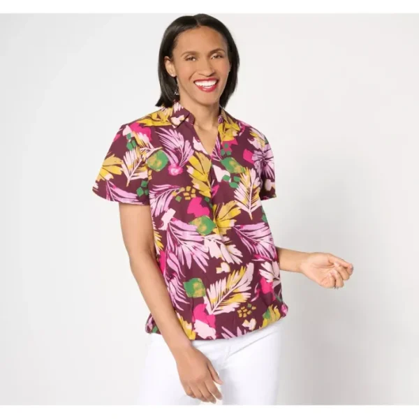Fashion<Tropical Palm Printed Dolman Short Sleeve Collared Top - a world of fashionable women's clothing, including a wide selection of dresses and trendy accessories.