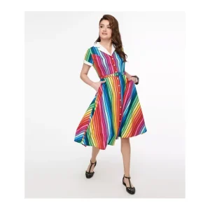 Unique Vintage Rainbow Stripe Collared Button Swing Dress - a world of fashionable women's clothing, including a wide selection of dresses and trendy accessories.> Hat