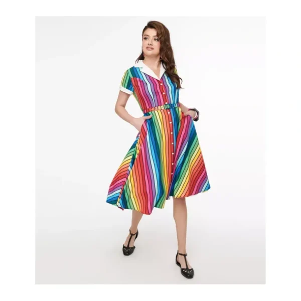 Unique Vintage Rainbow Stripe Collared Button Swing Dress - a world of fashionable women's clothing, including a wide selection of dresses and trendy accessories.> Hat