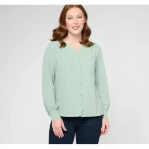 Fashion<V-Neck Button Front Shirt - a world of fashionable women's clothing, including a wide selection of dresses and trendy accessories.