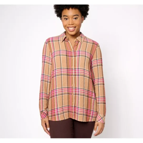 Fashion<Waffle Weave Petite Button Front Plaid Shirt - a world of fashionable women's clothing, including a wide selection of dresses and trendy accessories.